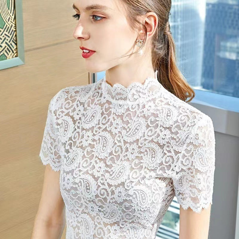 Paisley Innerwear Short Sleeve Hollow Out Lace Collar Top Women's Lace Shirt