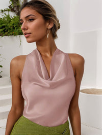 Women Solid Color Swing Collar Sleeveless Vest Trendy Elegant Shirt With Halter Neckline Backless Short Sleeve Tops Tshirts
