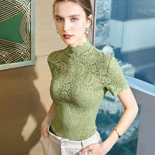 Paisley Innerwear Short Sleeve Hollow Out Lace Collar Top Women's Lace Shirt